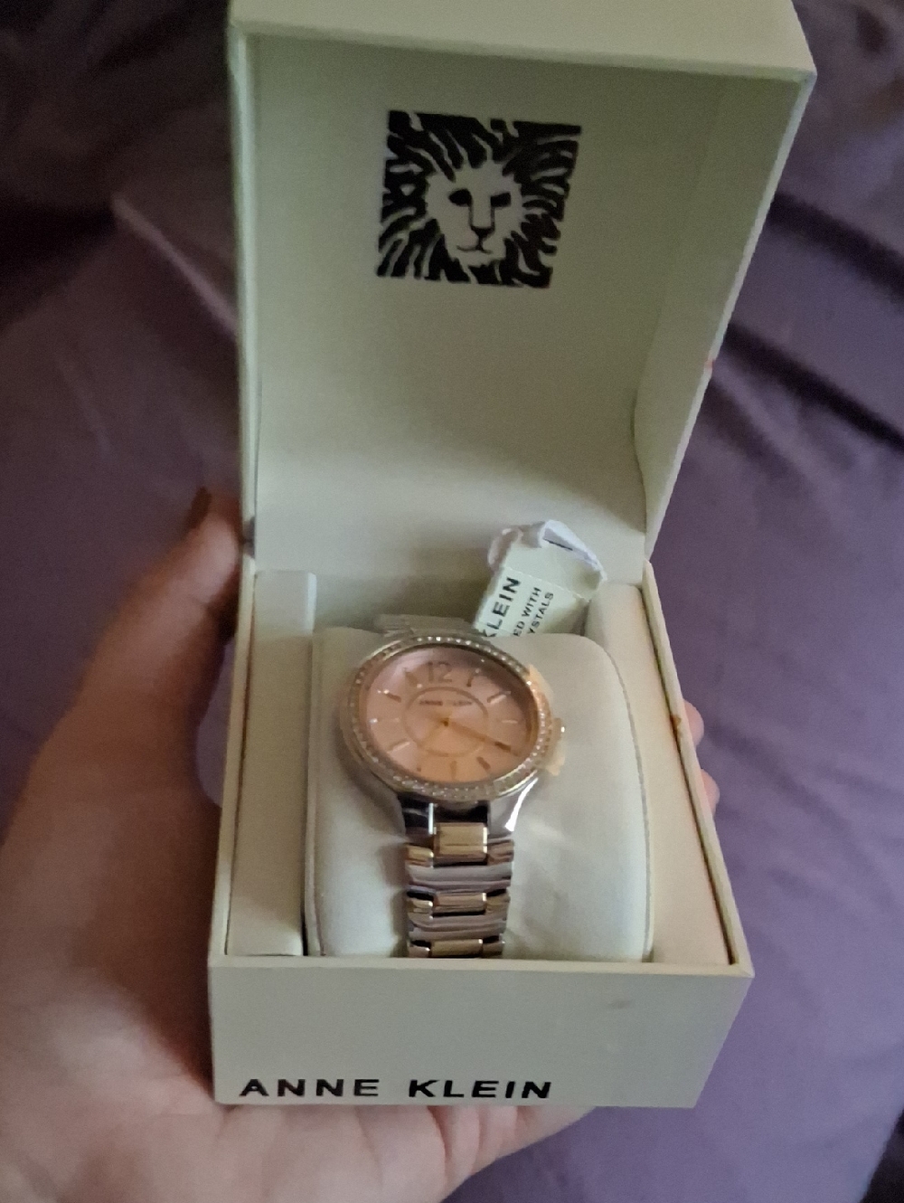 Anne Klein Pink and Rose Gold Crystal Bezel Watch